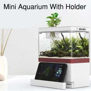 Tanks Desktop Creative USB Mini Aquarium Fish Tank med telefonhållare med LED -lampljus Betta Fish Fighting Cylinder