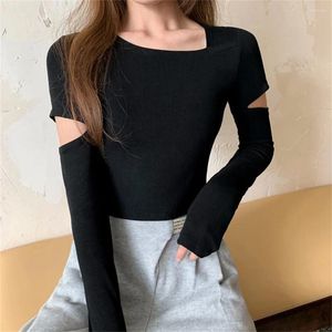 Women's T Shirts Long Sleeve T-shirts Women Simple College Slim Sexy Hollow Out Elegant Fashion All-match Solid Female Crop Tops Korean