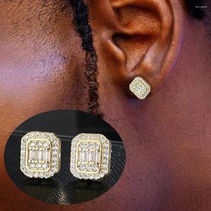 Studörhängen Hiphop Gold Plated Baguette Men Par Cubic Zircon Wholesale Punk Party Jewelry Present Boyfriend Make