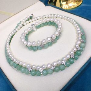 Necklace Earrings Set HABITOO Gorgeous Natural 8-9mm White Cultured Freshwater Pearl Green Jade Bracelet Cubic Zircon Jewelry For Women Gift