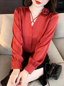 Women's Blouses Acetate Satin V-neck Shirt Long Sleeve Top 2024 Spring Cloth Unique Design High-Grade Blusas Femme