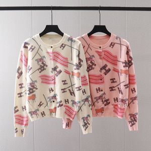 Novo designer de moda das mulheres impressão blusas roupas rosa topo cardigan casual em torno do pescoço casaco de malha manga longa malhas roupas