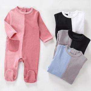 Baby Cotton Rompers långärmad tjej pojke kläder unisex ficka onesies pajamas födda baby fot overaller jumpsuit outfit 240119