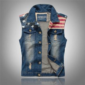 Väst för män skarvade USA Flag Demin Waistcoat Mens Jackets Fashion Boy Jeans Streetwear Casual Biker Vintage Frayed Pocket Coats 240119