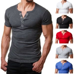 Henley T Shirt Men Ventilate Summer Fashion V Neck Short Sleeve Tee Homme Casual Slim Fit Metal Button Design Mens T-shirts XXL