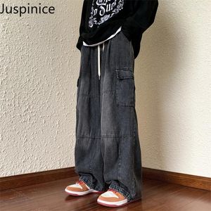 Mäns jeans vårhöst hip-hop tvättade amerikanska retro lös rak brett benverktyg med avslappnad byxor män botten manliga kläder