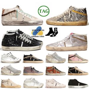 2024 Top Fashion Luxury Mid Star Suede Leather Womens Mens Designer Casual Shoes Italy Brand Handmade Glitter Silver Vintage Platform Trainers Gold Studs Pink Zebra