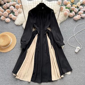 Casual Dresses 2024 Chinese Vintage Spring Patchwork Pleated Midi Dress Women Stand Collar Tassel Långärm Black Party S-4XL