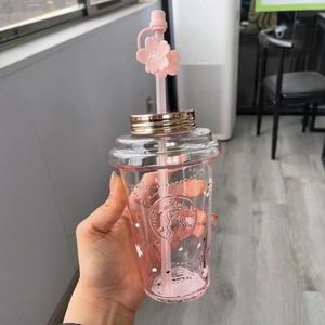 Large Capacity Limited Edition Mug Gradient Cherry Blossom Glass Original Cup with Cute Straw 473ML257U