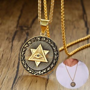 Mens Eye of Providence Wiselant gwiazda Davida 14K żółte złoto Wicca Amulet Talizman Naszyjnik 24 -calowy