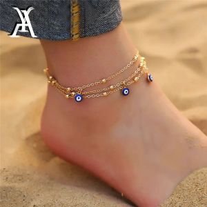 Bohemian Anklet Bracelets For Women Multiple Layers Turkish Eyes Ankle 14k Gold Bracelet Barefoot Sandals Pulseras Foot Jewelry