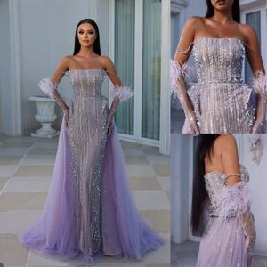 Fashion Women Evening Dresses Spaghetti Strap Sleeveless Prom Gowns Without Gloves Sequins Feather Detachable Train Dress For Party Custom Made Robe De Soiree