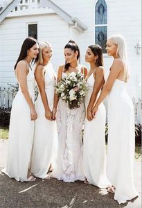 2024 Cheap Simple Bohemian Sheath Bridesmaid Dresses Front Slit Spaghetti Straps Beach Wedding Guest Dresses Maid of Honor Gowns Boho Robes