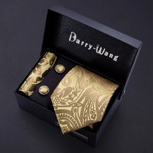 Guldmän slips Paisley Silk Pocket Square Presentlåda Set Barrywang Luxury Designer Neck för Male Gravat Wedding BB5150 240122