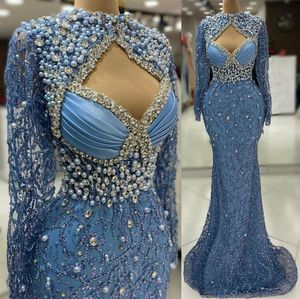 2024 Aso ebi Sky Blue Mermaid Prom Dress Pearls Crystals Squined Sexy Evening Party Second Party 두 번째 리셉션 생일 약혼 가운 드레스 Robe de Soiree ZJ66