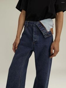 Mäns jeans denim byxor asymmetriska unisex casual rak blå tvättade designankomser bekväma vardagslitage vänd i midja