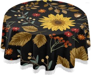 Table Cloth Sunflowers Leaves Round Tablecloths Washable Polyester Cover For Kitchen Dinning Parties Tabletop Decor 60 Inch