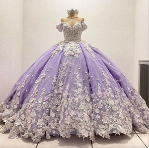 Lavendel lilac 3d blommor applikation quinceanera klänningar snörning korsett prom prinsessan söt 16 prinsessklänning vestidos de 15 anos
