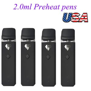 USA Stock 2ml Förvärm en disponibla VAPE PEN 320mah Uppladdningsbart batteri 2 gram svart enhet med förvärmningsknapp Tom tjock oljetankprovordning