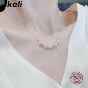 Necklaces Natural Freshwater White AKOYA Pearl Smile Chain Advanced Design Ins Style S925 Sterling Silver Necklace Universal Adiustment