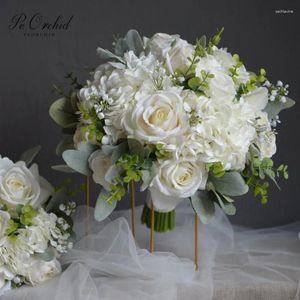 Wedding Flowers PEORCHID Rustic White Ivory Bridal Bouquet For Weddings Bridesmaid Silk Flower Garden Baby's Breath Rose Boho Bouquets Bride