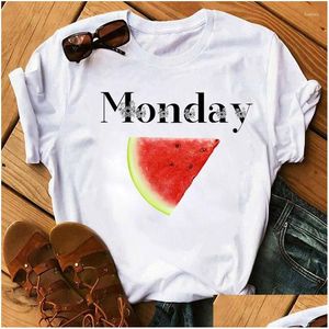 Kadın T-Shirt Kadın Tişörtleri Pazartesi Karpuz Moda Üstleri Sevimli Meyve Beyaz Tişörtler Yaz Günlük Damla Teslimat Giyim Kadınlar C DHCLA