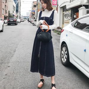 Casual Dresses 2024 Fashion Vintage Women Long Mid-Calf Sleeveless Spaghetti Strap Denim S-L Stretch Zipper High midjeklänning