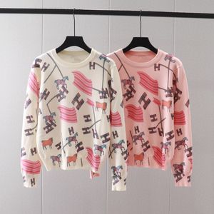 2024 Autumn Winter Designer Womens Printing Sweaters Pink Clothes Top Pullover Round Neck Knit Casual Cute Animal Print Långärmning Knitkläder