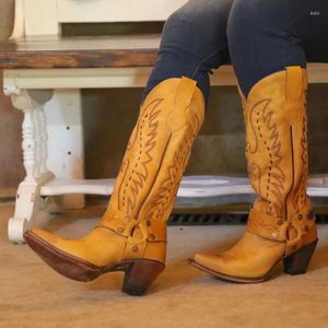 Boots Plus Size Pointed Wood Grain Tapered Thick Heel Embroidered Women's Knee High Vintage Ethnic Style Rivet Western