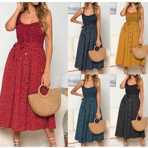 Sıradan Elbise Kadın boho yaz plajı midi elbise bayan tatil strappy buton sundress vintage