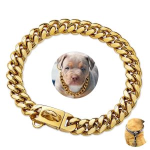 Colares 14mm coleira de cão de estimação aço inoxidável corrente cubana corrente de cão colar de bloqueio ouro prata corrente de cão buldogue francês pitbull colar