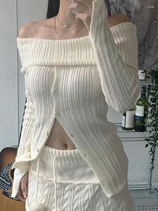 女性用セーターY2Kスキンジャンパースラッシュネックボタンかわいい女性バックレスフルスリーブ韓国韓国シックプルオーバーフレンチ