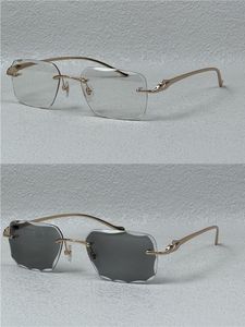 As cores das lentes dos óculos de sol fotocromáticos mudaram ao sol, de cristalino para escuro, lente com corte de diamante, armação de metal sem aro para uso externo 563651 com caixa e associação