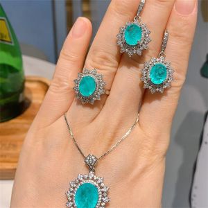 Conjunto QTT Luxo Oval de Luxo Paraiba Tourmaline Blue Stone Diamond Brincos de colar de pingentes femininos jóias de anel de casamento