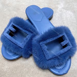 Real Mink Fur Slides Luxury Designer tofflor Kvinnor Skor Högkvalitativ Sandaler Flip Flops Lazy Flats Summer Beach Sandal Hollow Out Spänne With Box 10A 35-42