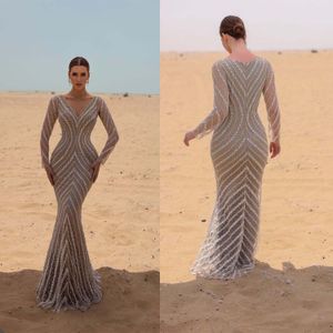 Beach Shiny Beads Mermaid Evening Dresses V-neck Full Sleeve Gowns Sweep Train Party Gown Robe De Soiree custom Made L240111 Plus Size Special Occasion
