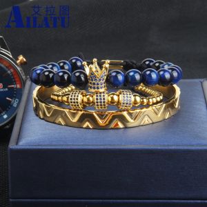 Armband 3st/set lyx naturliga tiger ögonsten pärlor blå cz krona sätter armband titanim rostfritt stål rektangel armband mäns smycken