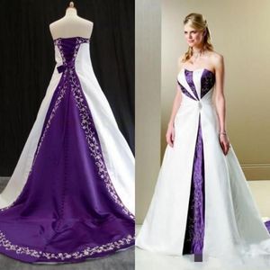 2021 branco e royal roxo vestidos de casamento bordado vintage rendas até costas cetim varredura trem cristais ruched plissados vestido de casamento 282c