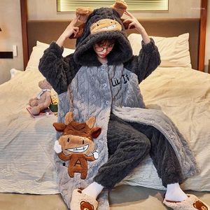 Women's Sleepwear Kawaii Cow Night-robe Women Men Winter Thick Hooded Flannel Nightgowns Soft Warm Nightwear Plush Bathrobes Unisex