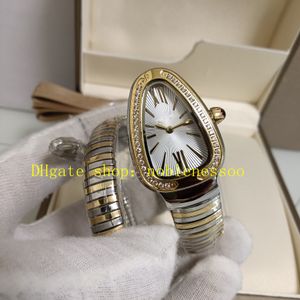 Foto real com Box Women's Watch Ladies Silver Dial Bolanding Serpenti Tubogas Quartz 18K Amarelo Gold 102098 Aço inoxidável Duas pulseiras de tons Mulheres relógios