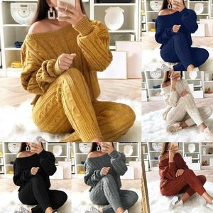 Kobiety swetry Zimowe dzianiny dwuczęściowy zestaw kobiet z długim rękawem z ramion swobodny sweter kombinezny Stripe Elastic kombinezon streetwear