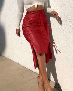 Fashion Ladies Skirts Sexy Womens Leather Skirt Slit Long Slim-fit Lace Up Skirts Solid Color High Waist Pencil PU Casual Club Wear Size S~3XL 601 445