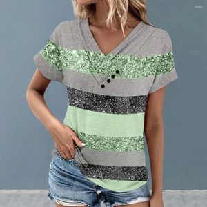 Blusas femininas Mulheres com decote em V Tee Solto-encaixe de manga curta Top Lantejoulas Colorblock V Neck T-shirt para decoração de botão elegante pulôver solto