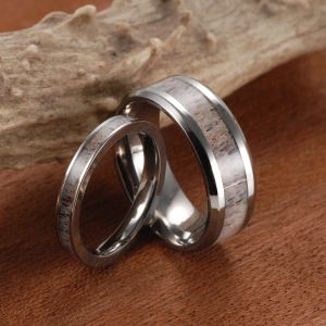 Conjunto de anéis de antler de cervo, conjunto de anéis de casamento de tungstênio para mulheres, anel de titânio natural para casais, conjunto de anéis de noivado