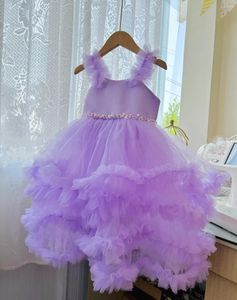 Mädchenkleider Lila Hosenträger Rüschen Blumenkleid Tüll Puffy Perlengürtel Ärmellos Für Hochzeit Kind Geburtstag Heilige Kommunion