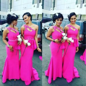 2024 New South African Fuchsia Formal Bridesmaid Dress Cheap One Shoulder Mermaid Long Beaded Maid of Honor Gown Plus Size Custom Made