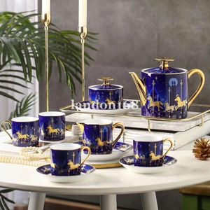 Luxurious golden-rimmed Blue color Carousel coffee set Bone china cups and saucers Porcelain tea set 15 pcs Ceramic Tableware set 278p