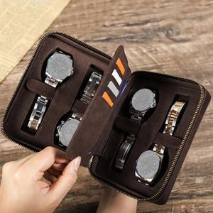 Watch Boxes Vintage Leather 4 Slot Box Display Case Storage Organizer Zipper Travel Collector With Card Holder Pocket