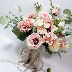 Fiori nuziali 37X28 cm Bouquet da sposa Home Floral Business Event Pacchetto di fiori simulati rosa palmare 588