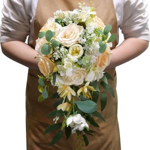 Wedding Flowers Champagne Waterfall Artificial Vintage Silk Rose Bouquet Bride Holding Fake Home Decoration Accessories